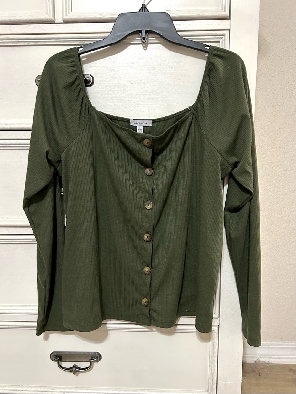 White Birch Olive Ribbed Button-Front Long Sleeve Top